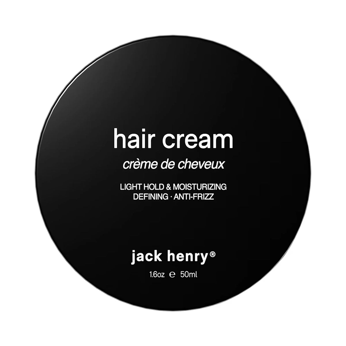 A round, black lid labeled "JACK HENRY - HAIR CREAM" highlights its light hold, moisturizing, defining, and anti-frizz benefits. The JACK HENRY brand name and size (1.6oz/50ml) are displayed—ideal for light hold and nourished hair.