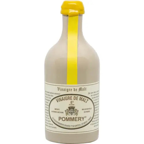 FRENCH FEAST Pommery Malt Vinegar in Crock comes in a beige ceramic bottle with a yellow wax seal and a French label featuring a coat of arms, crafted using traditional methods.