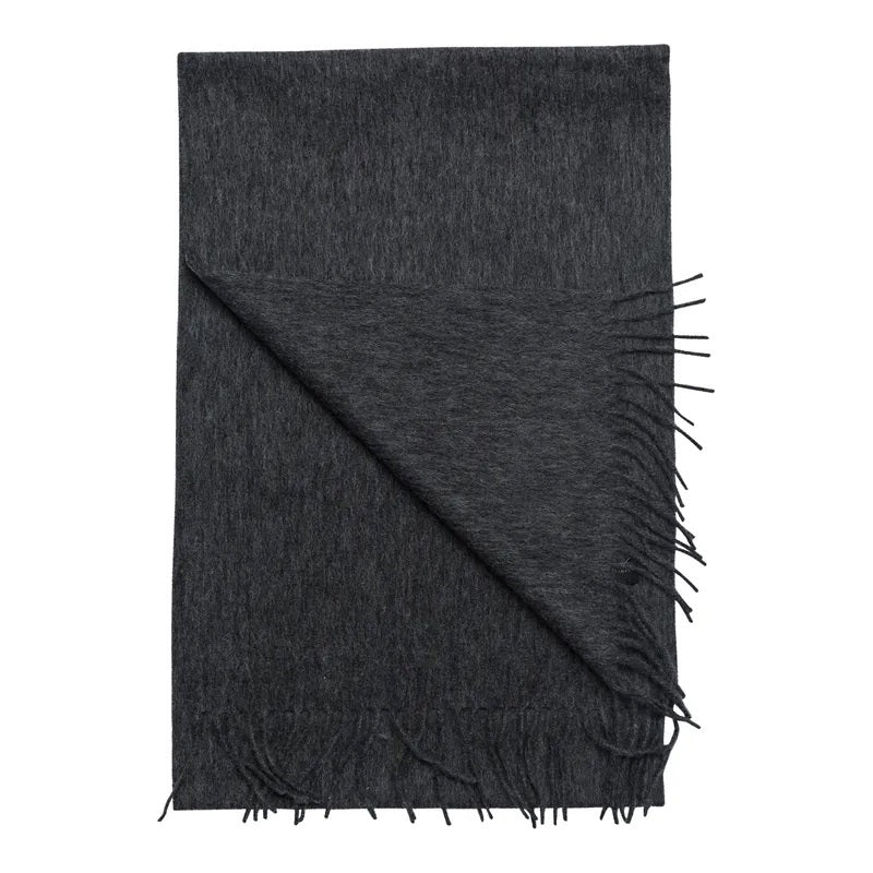 AMANDA CHRISTENSEN - SOLID WOOL SCARF IN DARK GREY MELANGE, a dark grey wool scarf with a fringed finish.