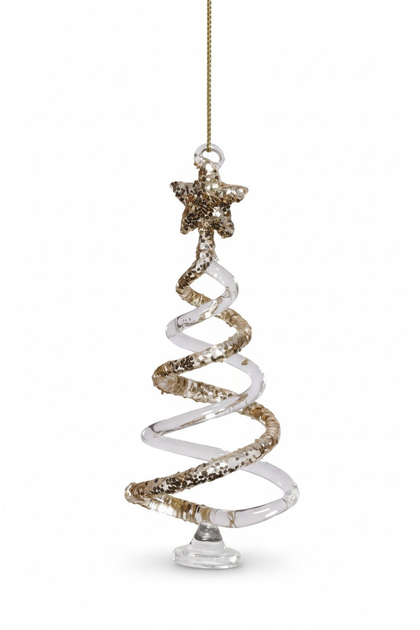 CLEAR TWISTED TREE DESIGN ORNAMENT - SMALL 5-inch clear glass spiral Christmas tree ornament topped with a gold glitter star.