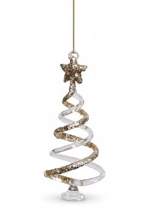 CLEAR TWISTED TREE DESIGN ORNAMENT - SMALL 5-inch clear glass spiral Christmas tree ornament topped with a gold glitter star.