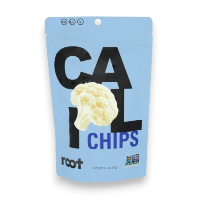 A blue bag labeled “ROOT FOODS - CAULIFLOWER CHIPS” from the brand ROOT FOODS features an image of cauliflower. The packaging displays gluten-free, vegan, and non-GMO labels, highlighting these cauliflower chips as a tasty and healthy snack option.