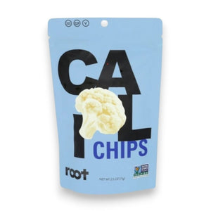 A blue bag labeled “ROOT FOODS - CAULIFLOWER CHIPS” from the brand ROOT FOODS features an image of cauliflower. The packaging displays gluten-free, vegan, and non-GMO labels, highlighting these cauliflower chips as a tasty and healthy snack option.