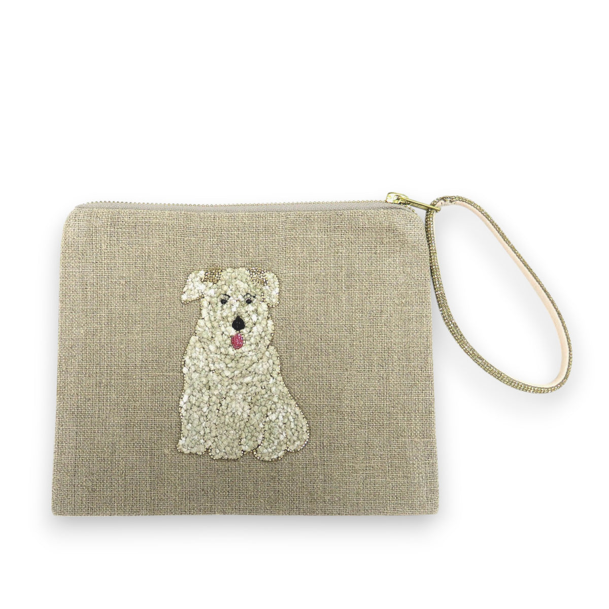 The Citrus Fashions Linen Pouch with Chenille Dog is a beige clutch featuring a wrist strap and an embroidered white dog with a pink tongue. This textured woven accessory is perfect for pet lovers, adding charm to any outfit.