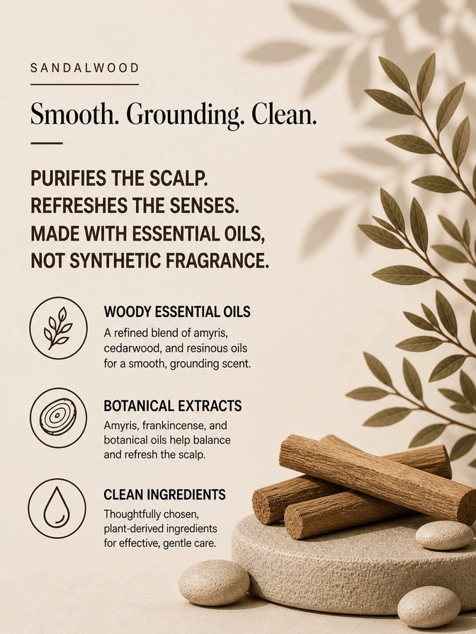 A sandalwood-inspired graphic features the HYGIENELAB - SHAMPOO, SANDALWOOD by HYGIENELAB, with text highlighting its essential oils, botanical extracts, and clean ingredients. The design includes smooth stones, sandalwood sticks, and leaves on a neutral background, complemented by icons and descriptive headings to showcase the benefits of this natural shampoo and sulfate-free formula.