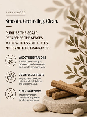 A sandalwood-inspired graphic features the HYGIENELAB - SHAMPOO, SANDALWOOD by HYGIENELAB, with text highlighting its essential oils, botanical extracts, and clean ingredients. The design includes smooth stones, sandalwood sticks, and leaves on a neutral background, complemented by icons and descriptive headings to showcase the benefits of this natural shampoo and sulfate-free formula.