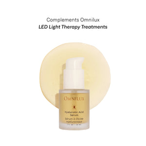A skincare graphic featuring the OMNILUX - HYALURONIC ACID SERUM, 30ML by OMNILUX spotlights hyaluronic acid for deep hydration, niacinamide to refine skin texture, and licorice root for soothing benefits. The clear gel serum is highlighted with bubbles in the background—ideal for pairing your hyaluronic acid routine with advanced treatments like LED light therapy to achieve radiant results.