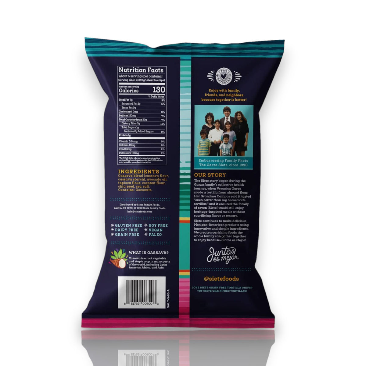 An image of a SIETE - TORTILLA CHIPS SEA SALT GRAIN FREE 1-ounce bag from SIETE FOODS. The colorful packaging features teal and pink stripes, showcasing a large eagle logo along with various labels like Paleo, Vegan, and cooked with avocado oil.