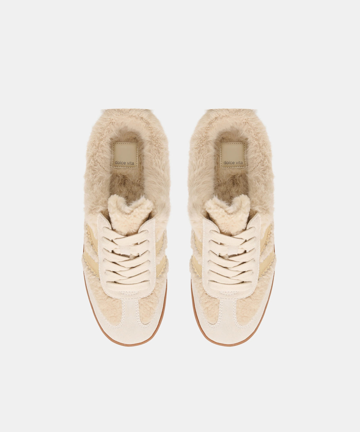 DOLCE VITA - MERIT SLIDE PLUSH SNEAKERS IN NATURAL MULTI: beige lace-up sneakers lined with plush shearling for a cozy finish.
