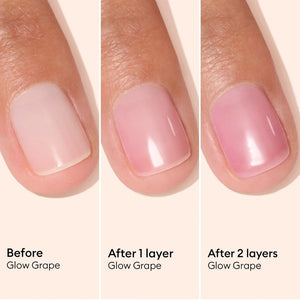 A pink serum drop labeled with its ingredients: raspberry extract (strengthens nails), AHAs (restore and harden), and sweet almond oil (nourishes). The text highlights that MANUCURIST - ACTIVE GLOW CARE POLISH by MANUCURIST INC is 85.5% plant-based—making it the ideal nail strengthener for achieving healthy, glass-like nails.