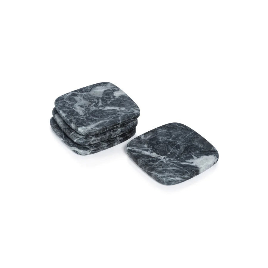 The ZODAX NERO MARQUINE Matte Marble Coasters - Set of 4 features square, dark gray coasters with white veining, elegantly stacked with one shown separately, all displayed on a white background.