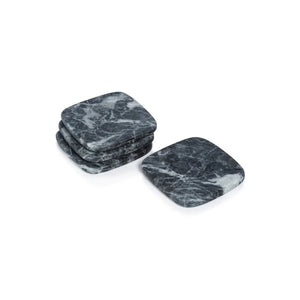 The ZODAX NERO MARQUINE Matte Marble Coasters - Set of 4 features square, dark gray coasters with white veining, elegantly stacked with one shown separately, all displayed on a white background.