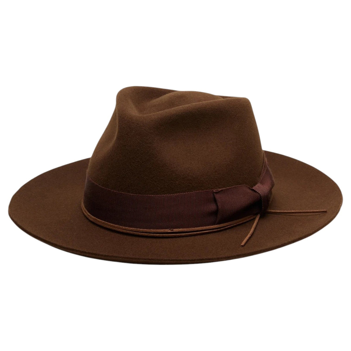 The WYETH - TEDDY HAT IN BROWN by WYETH is a vintage-inspired wide-brimmed fedora with a matching dark brown ribbon band, shown against a plain white background.