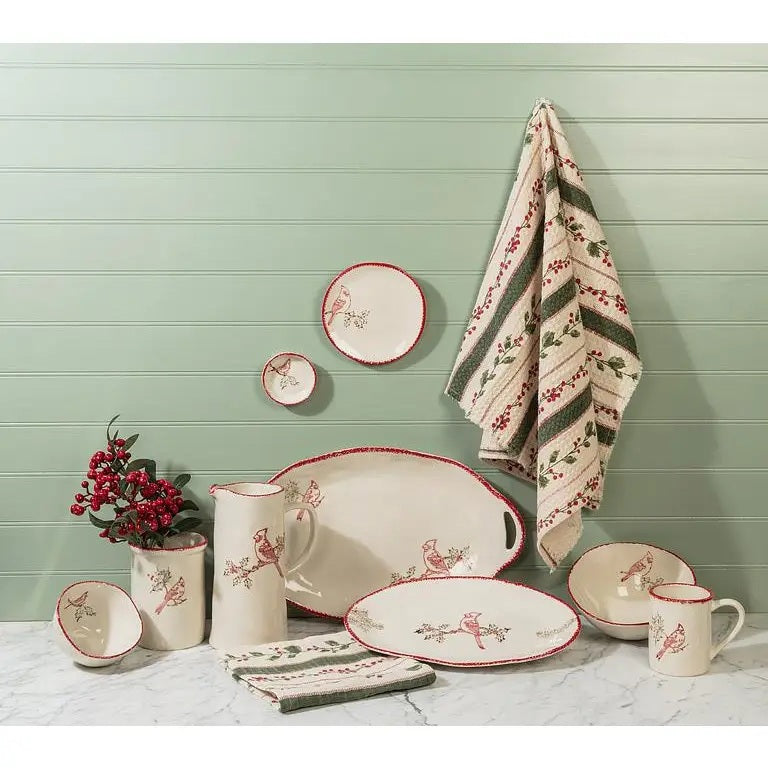 CARDINAL STAMP DEEP BOWL in white stoneware, featuring a red cardinal illustration on a holly branch and a hand-painted red rim.