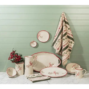 ABBOTT CARDINAL STAMP PLATE, a cream-colored stoneware plate featuring a red cardinal perched on a branch, with a decorative red trim along the edge.