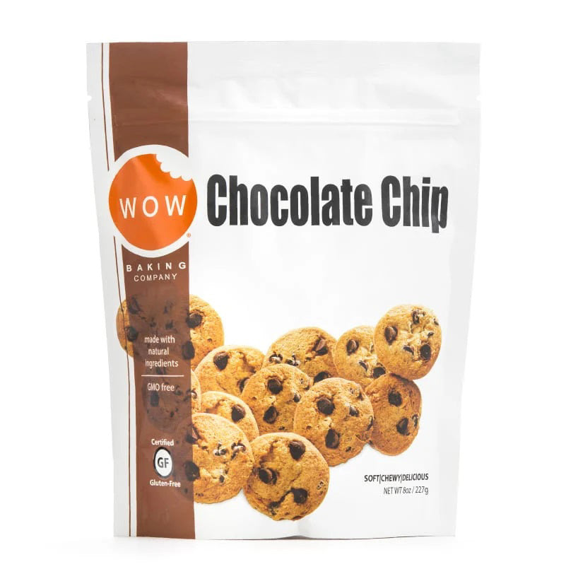 A white and brown resealable package of WOW Baking Company's Gluten Free Chocolate Chip Cookie Pouch is shown. This perfect snack highlights that the cookies are made with natural ingredients, are gluten-free, and soft/chewy. The net weight of the package is 8 oz (227g).