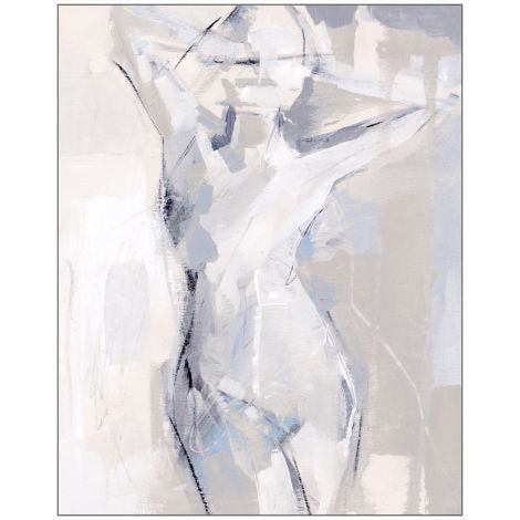 BIRCH FIGURE ART by WENDOVER features a loosely rendered human figure in soft, muted tones of gray, white, and blue. The broad and fluid brushstrokes capture the essence of the figure&#39;s form with expressive, minimalist lines on a gallery-wrapped canvas.