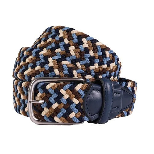 The WIGENS - Signature Woven Belt in beige, brown, and blues features an interlaced design with a silver buckle and dark blue leather ends.