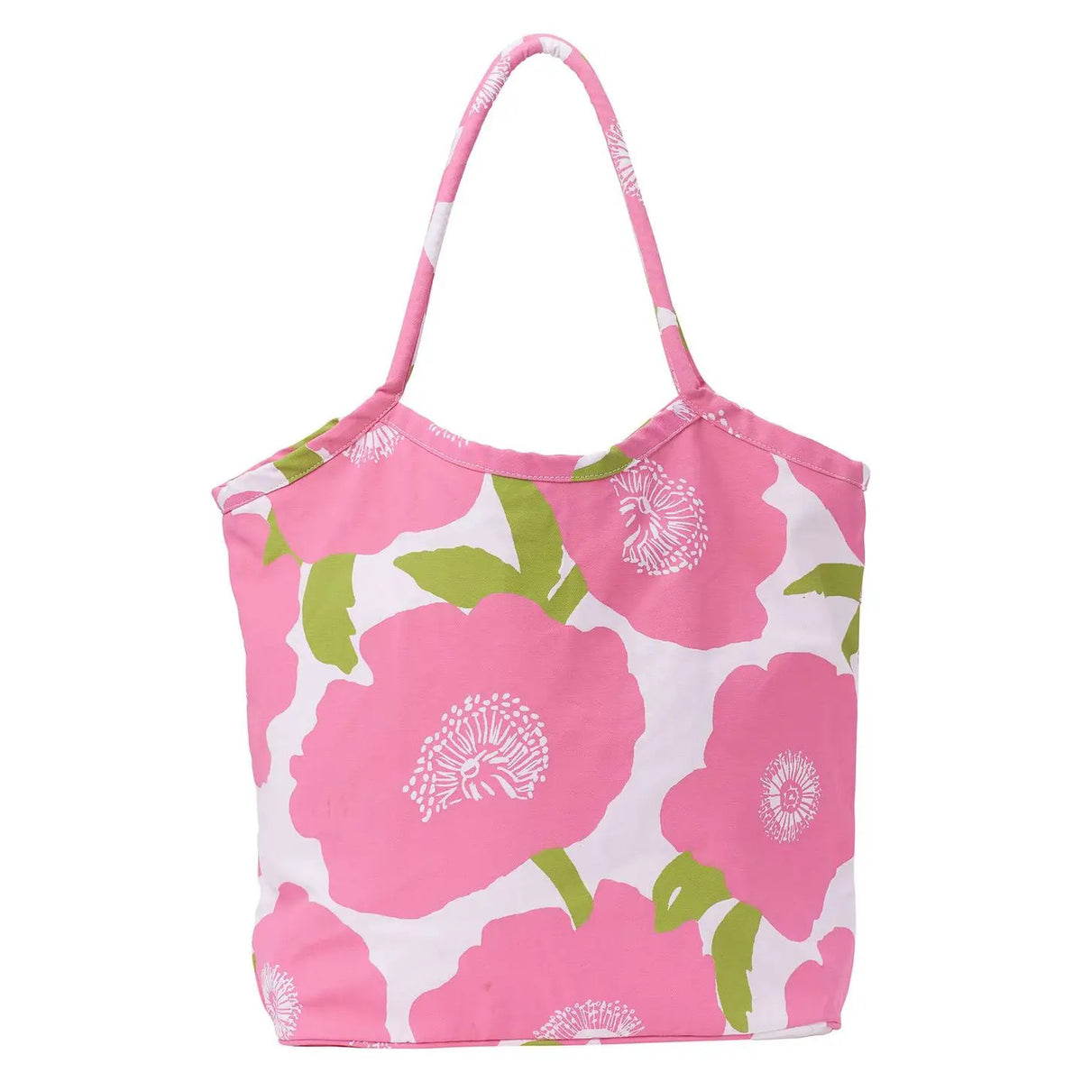 The ROCKFLOWERPAPER POPPIES PINK BUCKET BAG features a pink and white floral cotton canvas design, with large pink flowers, green leaves, and a single top handle—ideal as a shopping or travel bag for daily use.