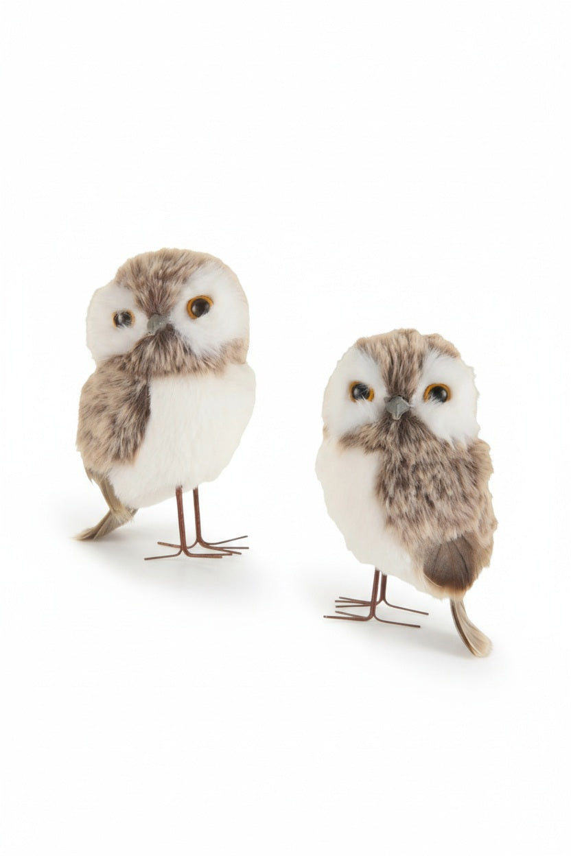 Two small, fluffy brown and white BROWN OWL ORNAMENT pieces with thin wire feet, available in assorted styles.