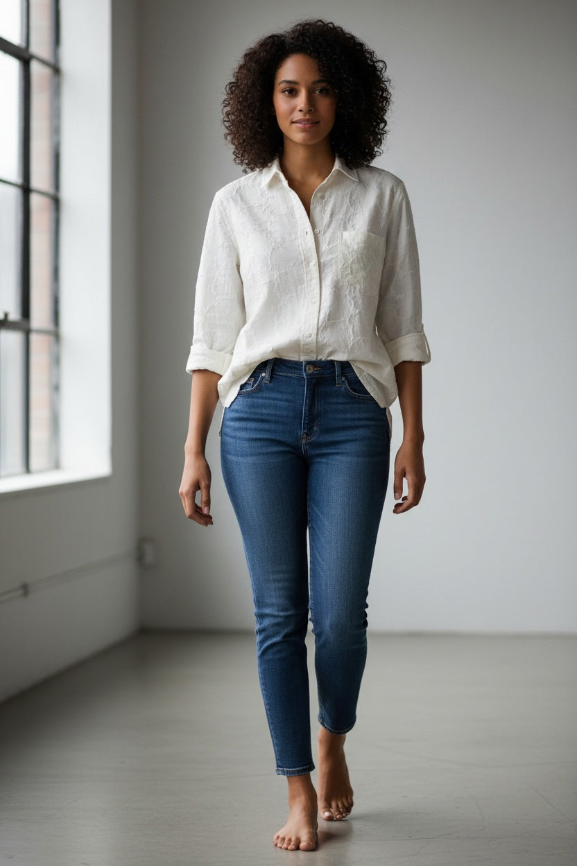 Introducing the FRANK &amp; EILEEN - EILEEN Relaxed Button Up in Italian Cotton Textured Natural Flowers: a long-sleeve, button-up white shirt with a subtle floral texture, rolled cuffs, and a pointed collar. Designed for a relaxed fit, this shirt is crafted from premium Italian cotton and features thoughtfully placed buttons to flatter the bust for an effortlessly stylish silhouette. The signature label inside reads “FRANK &amp; EILEEN EST 1947.”.