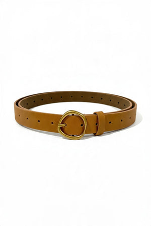 ADA REBEL SLIM JEAN BELT IN HONEY, a slim tan leather belt with a rounded gold-tone buckle.