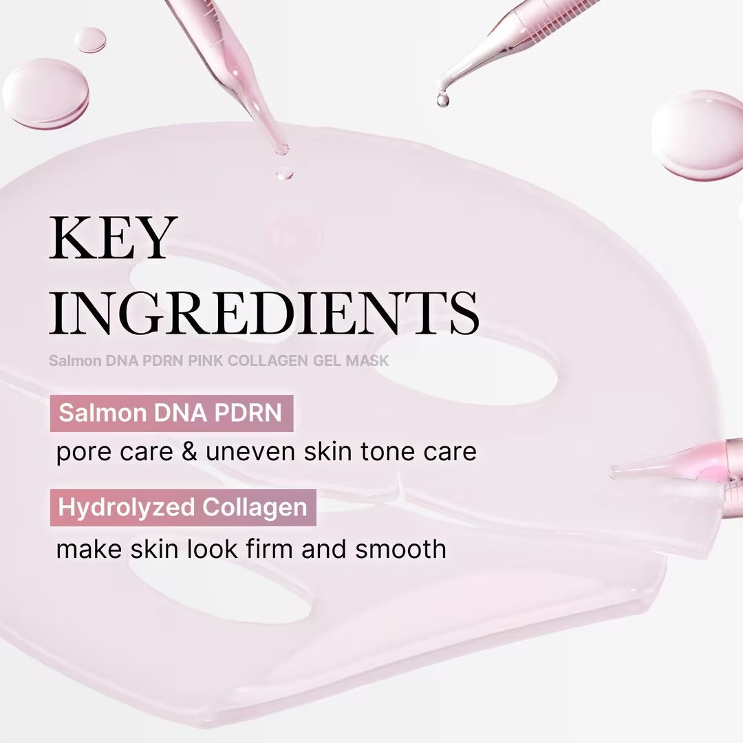 A pink sachet labeled “MEDICUBE - SALMON PDRN PINK COLLAGEN JELLY GEL MASK” from KOSMIC KBEAUTY SKINCARE is featured, with a translucent pink hydrating gel mask partially displayed in front of the packaging. The text highlights key ingredients such as Sodium DNA and Niacinamide, which work together to boost collagen for a luminous, glass-skin finish.