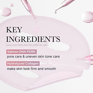 A pink sachet labeled “MEDICUBE - SALMON PDRN PINK COLLAGEN JELLY GEL MASK” from KOSMIC KBEAUTY SKINCARE is featured, with a translucent pink hydrating gel mask partially displayed in front of the packaging. The text highlights key ingredients such as Sodium DNA and Niacinamide, which work together to boost collagen for a luminous, glass-skin finish.