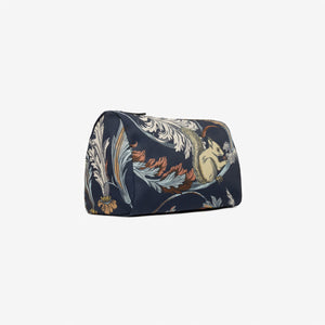 The INOUI EDITIONS ROCOCO Nylon Cosmetic Case by INOUI is a dark blue rectangular pouch made from recycled polyester, featuring a zipper and an elegant print of a squirrel, mushrooms, and ornate foliage in muted earth tones.