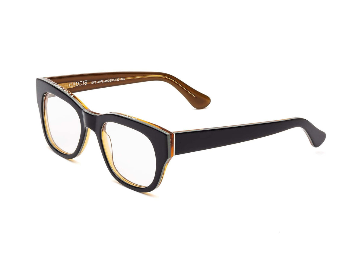 The CADDIS - MIKLOS PROGRESSIVE READERS by CADDIS are black, thick-rimmed rectangular eyeglasses with scratch-resistant lenses and beige inner arms, displayed against a white background.