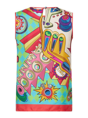 Introducing the FRANCO FERRARI Aloe Pinball Sleeveless Silk Top by Franco Ferrari—this exquisite piece features a vibrant, multicolored pop art design with various abstract shapes, patterns, and comic-style illustrations such as a stylized hand, stars, and the word "POWER." Crafted in Italy, it boasts a round neckline accentuated with red outlines on the hem and neck.