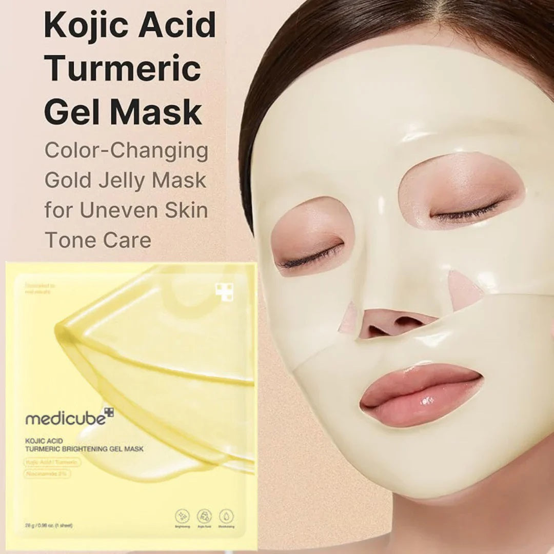 A woman wears the MEDICUBE - KOJIC ACID TURMERIC BRIGHTENING GEL MASK by KOSMIC KBEAUTY SKINCARE on one half of her face in its original gold jelly form, while the other half reveals the mask after it has turned transparent. Text highlights this Korean skincare treatment, infused with kojic acid and turmeric, which absorbs over 3-4 hours and transforms from gold to clear for a radiant, brightening effect.