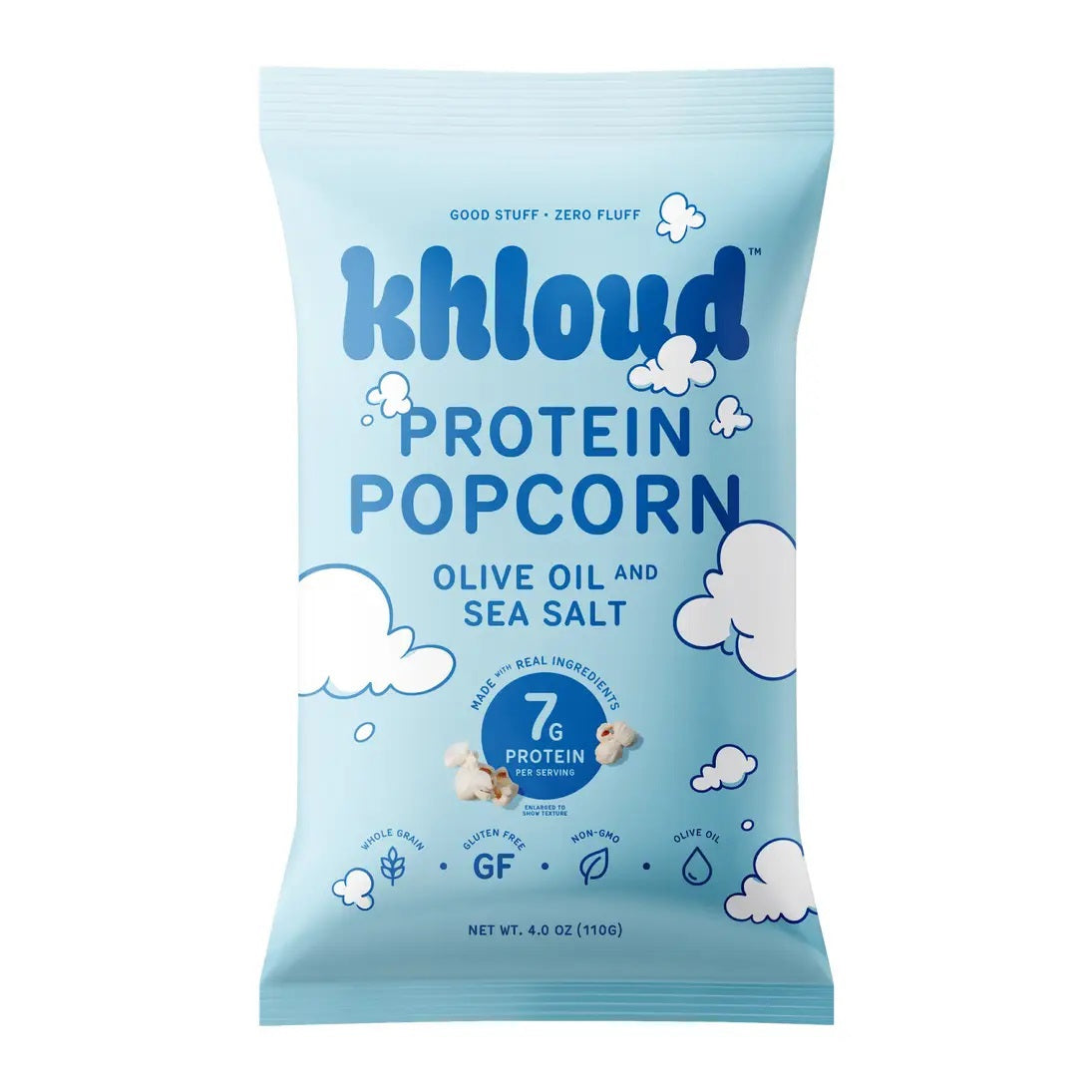 A light blue bag of KHLOUD FOODS’ KHLOUD - OLIVE OIL & SEA SALT PROTEIN POPCORN, featuring airy cloud graphics and text highlighting 7g protein, gluten-free, and made with real ingredients. Enjoy this delicious air-popped popcorn with a net weight of 4 oz (113g).