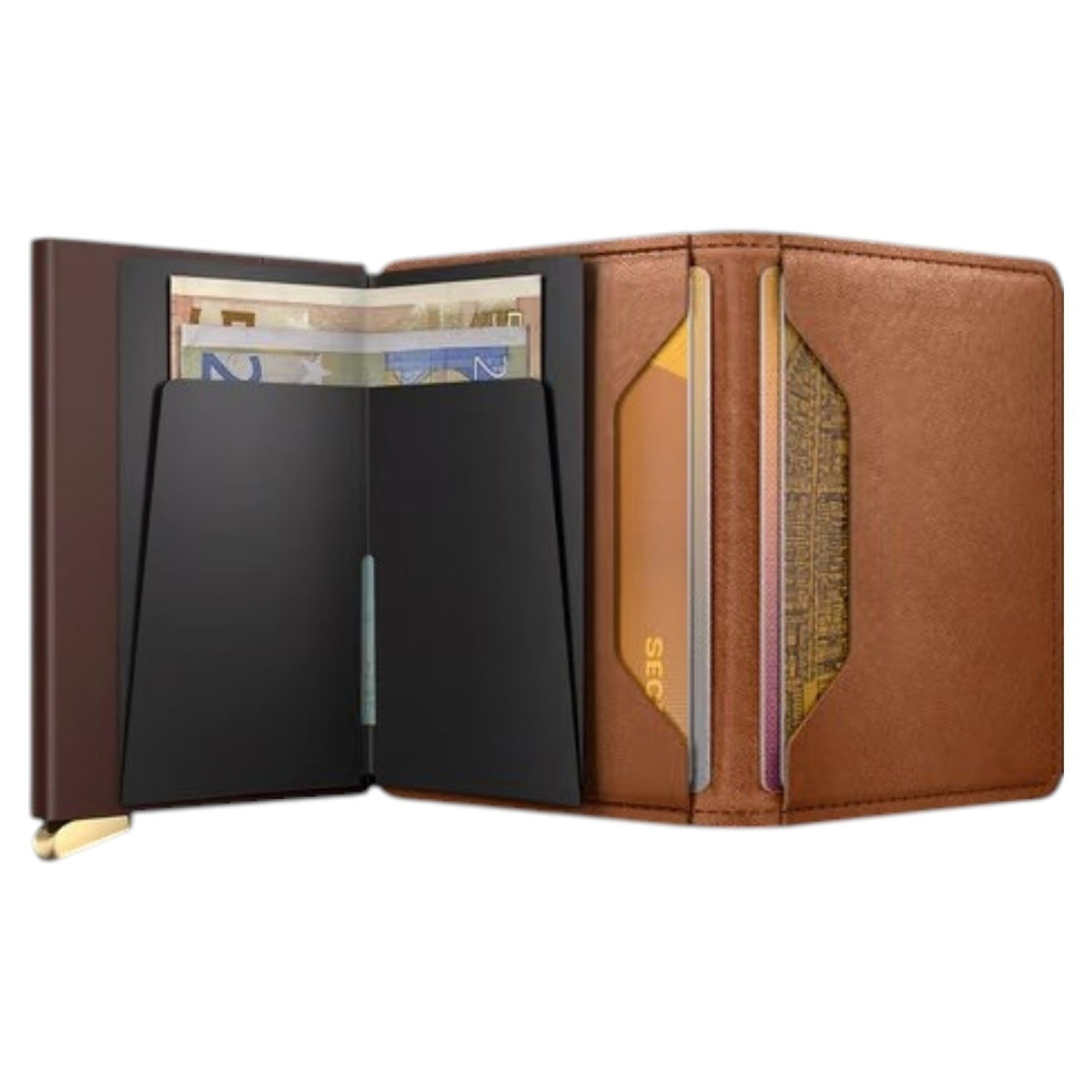 A slim, rectangular SECRID - PREMIUM SLIMWALLET+ EMBOSS LINES IN COGNAC cardholder, displayed vertically with a brown embossed finish and metallic bottom edge. This RFID-protected wallet from SECRID effortlessly combines sophisticated style and security for your daily essentials.