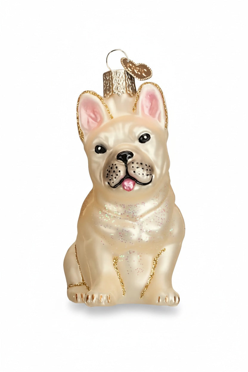 FRENCH BULLDOG ORNAMENT shaped like a sitting cream-colored dog with a gold hanging cap.