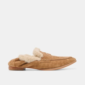 DOLCE VITA - CLOEY PLUSH LOAFERS IN LIGHT BROWN SUEDE light brown suede penny loafers lined with plush faux shearling.
