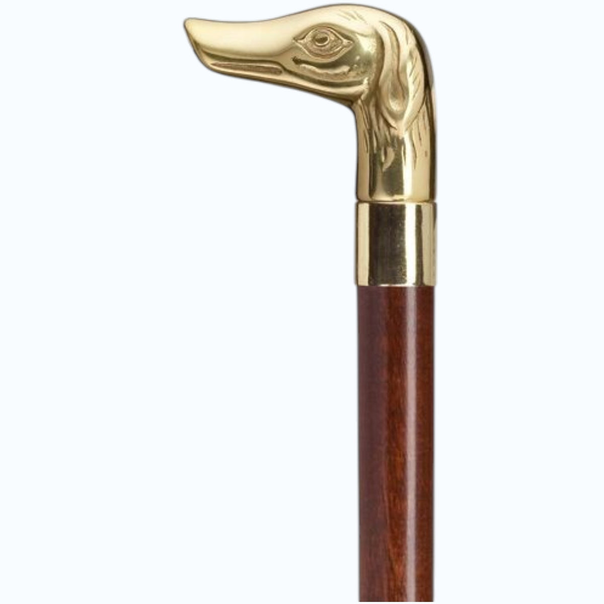 The HARVY CANES - SOLID BRASS DOG HEAD CANE by HARVY CANES features a polished hardwood shaft and a gold-colored solid brass dog head handle, offering both stylish elegance and sturdy support.