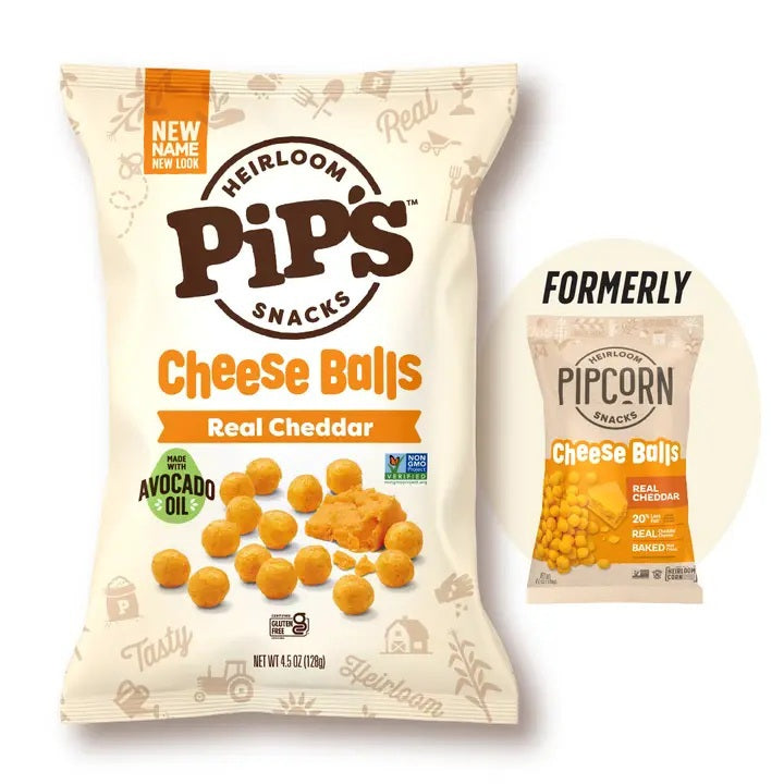 A bag of PIPCORN - CHEDDAR CHEESE BALLS shown next to a smaller image of the product’s previous packaging.