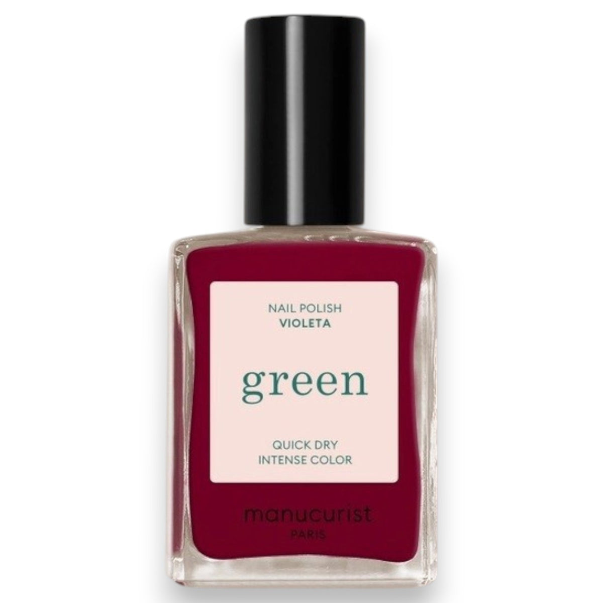 A bottle of MANUCURIST - GREEN™ Nail Polish in Violeta from MANUCURIST INC features a deep pinky purple shade, a black cap, and a label highlighting “green” and “quick dry intense color.”.