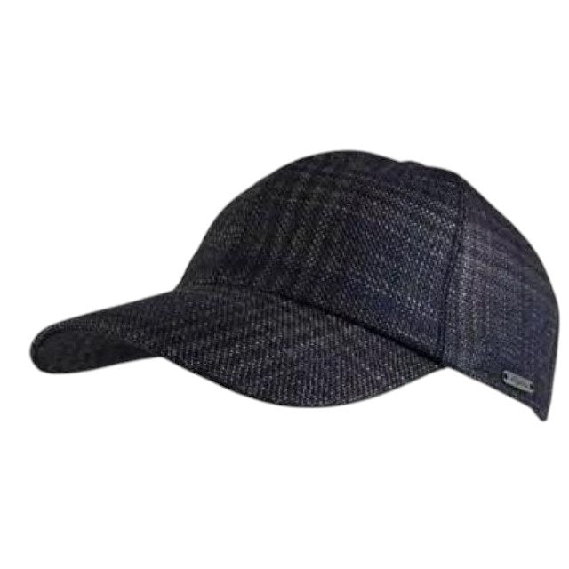 Close-up of a dark gray, textured carpet with a subtle plaid or checkered pattern created by intersecting lines, reminiscent of the refined detailing found in the WIGENS Modern Wool Baseball Cap in Italian Soft Check, Navy.