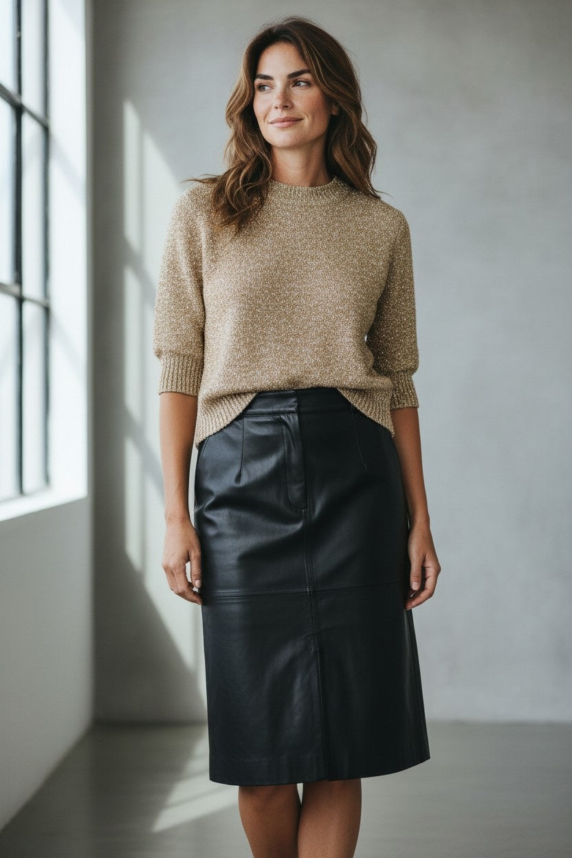 A woman stands indoors by a large window, wearing the FLOOR Short Sleeve Shimmer Sweater in beige and a black leather skirt, smiling slightly with her hands relaxed at her sides.