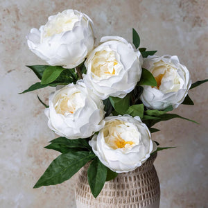 A single ABIGAIL AHERN - WHITE PEONY artificial flower features real-touch petals and green leaves on a long brown stem, from the ABIGAIL AHERN brand, shown against a plain white background.