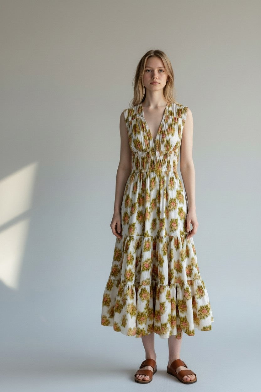 A woman stands against a plain light background wearing the HOPE FOR FLOWERS Tiered Peasant Maxi Dress in Pink Warped Ikat, a sleeveless, ankle-length dress with a shirred bodice and tiered skirt. She completes the look with brown sandals.