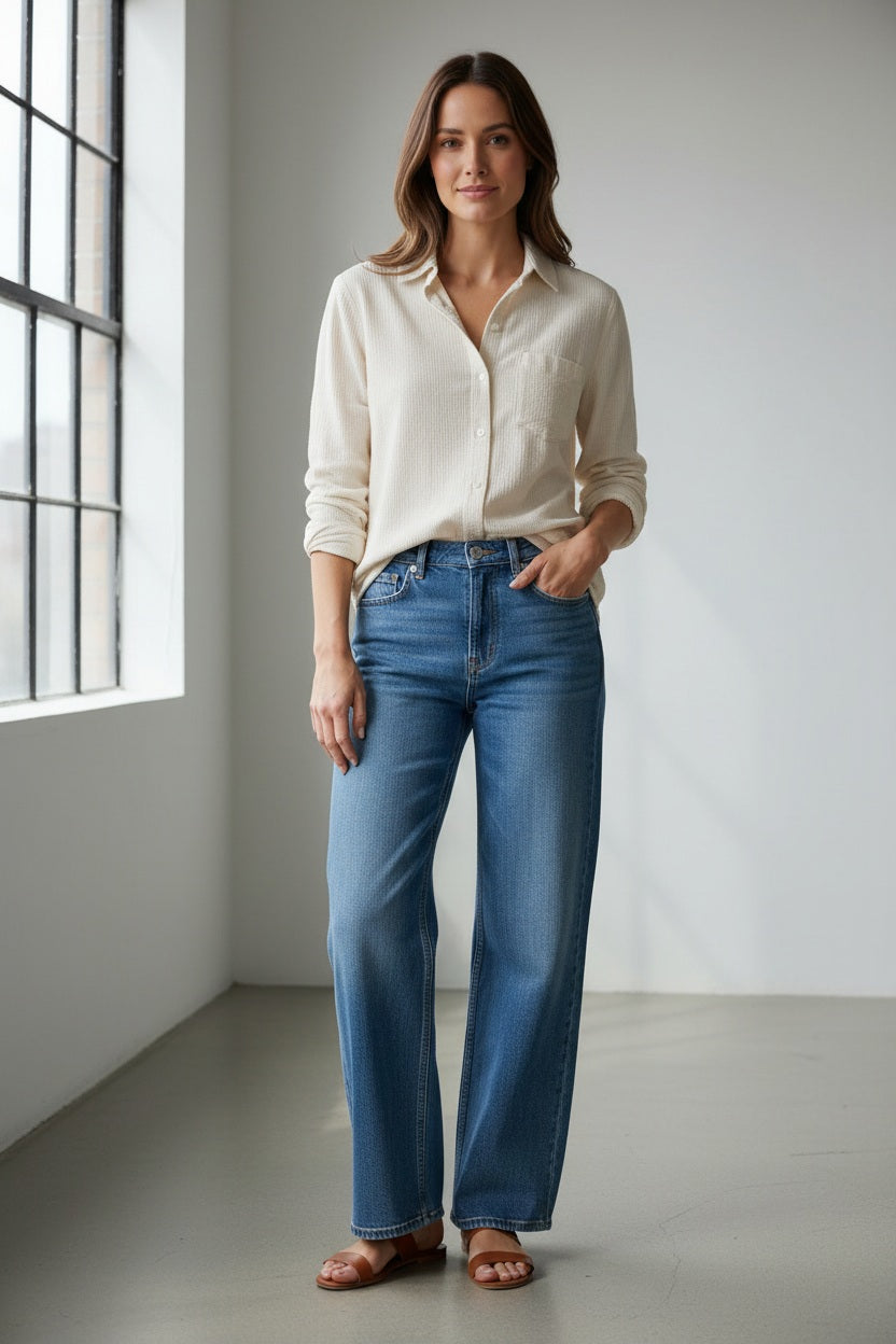 A woman stands outdoors with her hands in her pockets, looking down, wearing the FRANK &amp; EILEEN EILEEN Relaxed Button Up Shirt in Italian Corduroy Vintage White paired with blue jeans. Lush greenery and a stone building create a serene backdrop.