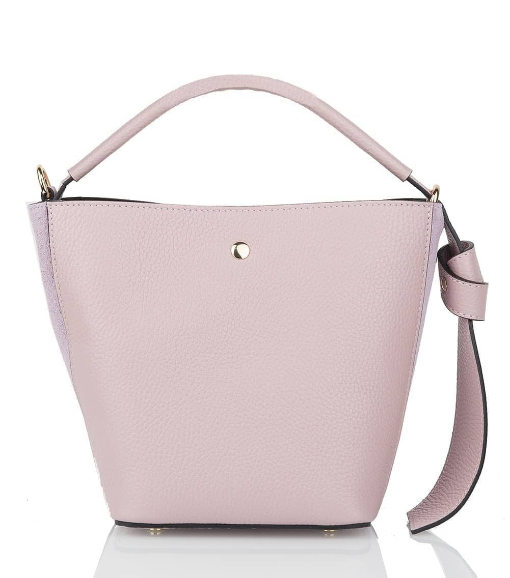 Introducing the SMALL LEATHER BUCKET HANDBAG by LE BORSETTE: This sleek white handbag boasts a structured design with a single top handle and detachable crossbody straps. With its minimalistic style and tiny gold accent on the front, its clean lines and smooth texture provide a modern, sophisticated look.