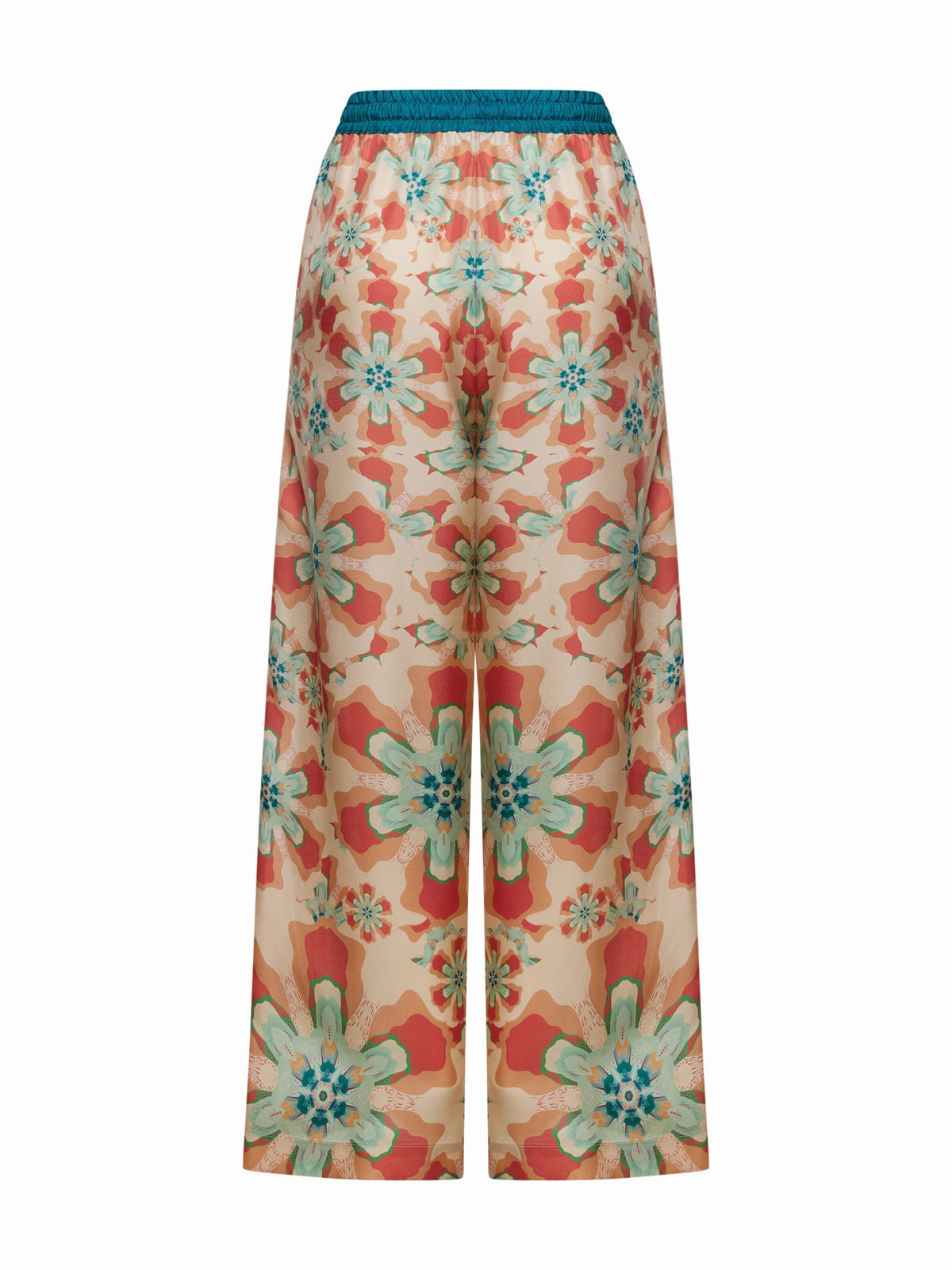 FRANCO FERRARI&#39;s ALOE SILK TROUSER is high-waisted with a wide-leg cut, showcasing a resort-style floral print in vibrant orange, teal, and pink on a light background with large blossoms for an eye-catching look.