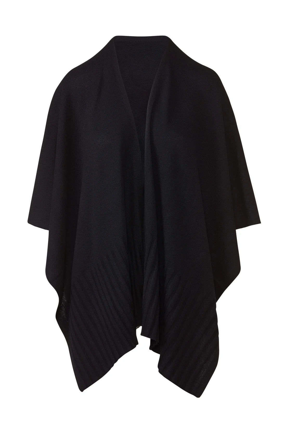The KINROSS CASHMERE - CASHMERE RUANA IN BLACK by KINROSS is a luxurious, open-front wrap featuring a draped silhouette and subtly textured hem, showcased against a plain white background.