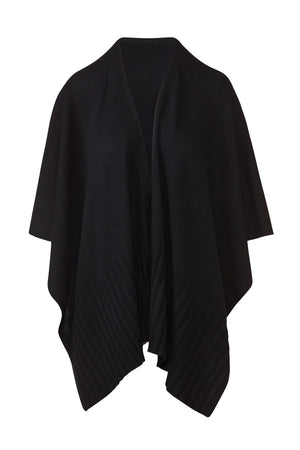 The KINROSS CASHMERE - CASHMERE RUANA IN BLACK by KINROSS is a luxurious, open-front wrap featuring a draped silhouette and subtly textured hem, showcased against a plain white background.