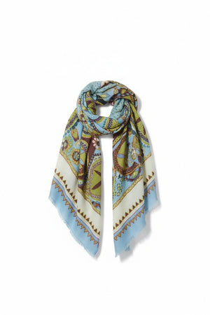 The STORIATIPIC ATHENA Wool Scarf with Embroidery in Ciel showcases blue, green, and beige tones with floral and geometric patterns, presented against a plain white background.