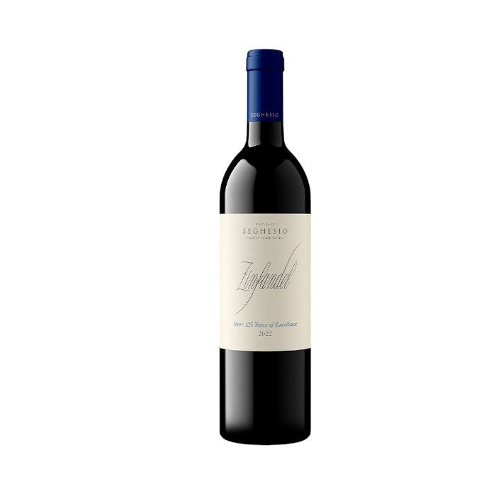 A SEGHESIO ZINFANDEL 2022 375ML from Sonoma County has a blue foil top and cream label with elegant typography, offered by WINE: WINEBOW.